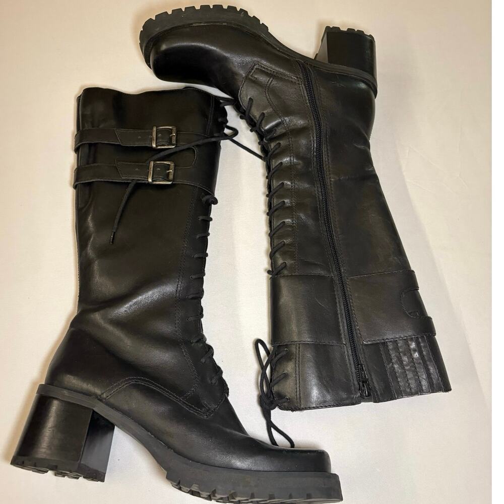 Vintage Black Leather Lace Up Buckle Chunky Lug Sole Knee Boots whimsigoth